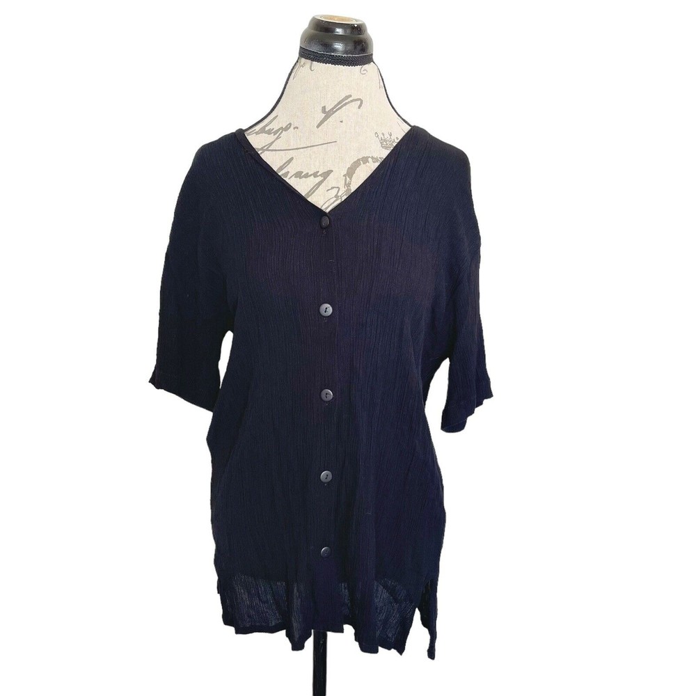 Allyson Whitmore Womens Blouse Crinkle Black Sz Small Rayon Button Short Sleeve
